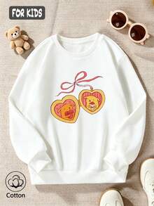 Cute Kids Pullover Hoodie: White Loose Round Neck Long Sleeve With Heart Lion Print & Red Bow, Soft Breathable For Spring - White - View 4