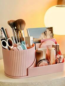 2-Piece Rotating Makeup Brush Holder Set, Desktop Multi-Compartment Cosmetic Organizer Box, Rotatable Storage Bucket & Combination Organizer, Vanity Pen Holder, Suitable For Lipstick, Eyeshadow, Dormitory Bedroom Desktop Decor - Multicolor - View 6