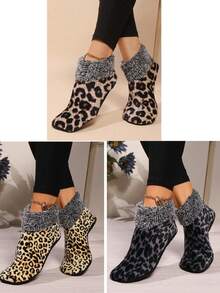 3 Pairs Women's Winter Floor Socks, Leopard Print Women's Home Socks, Thick Warm Lined Snow Socks - Multicolor - View 13