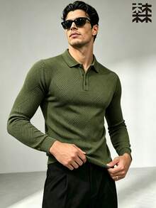 mulinsen Men's Geometric Diamond Grid Jacquard Lapel Polo Shirt Slim Fit Long Sleeved Knitted Base Shirt Commuting Versatile Top - Green - View 2