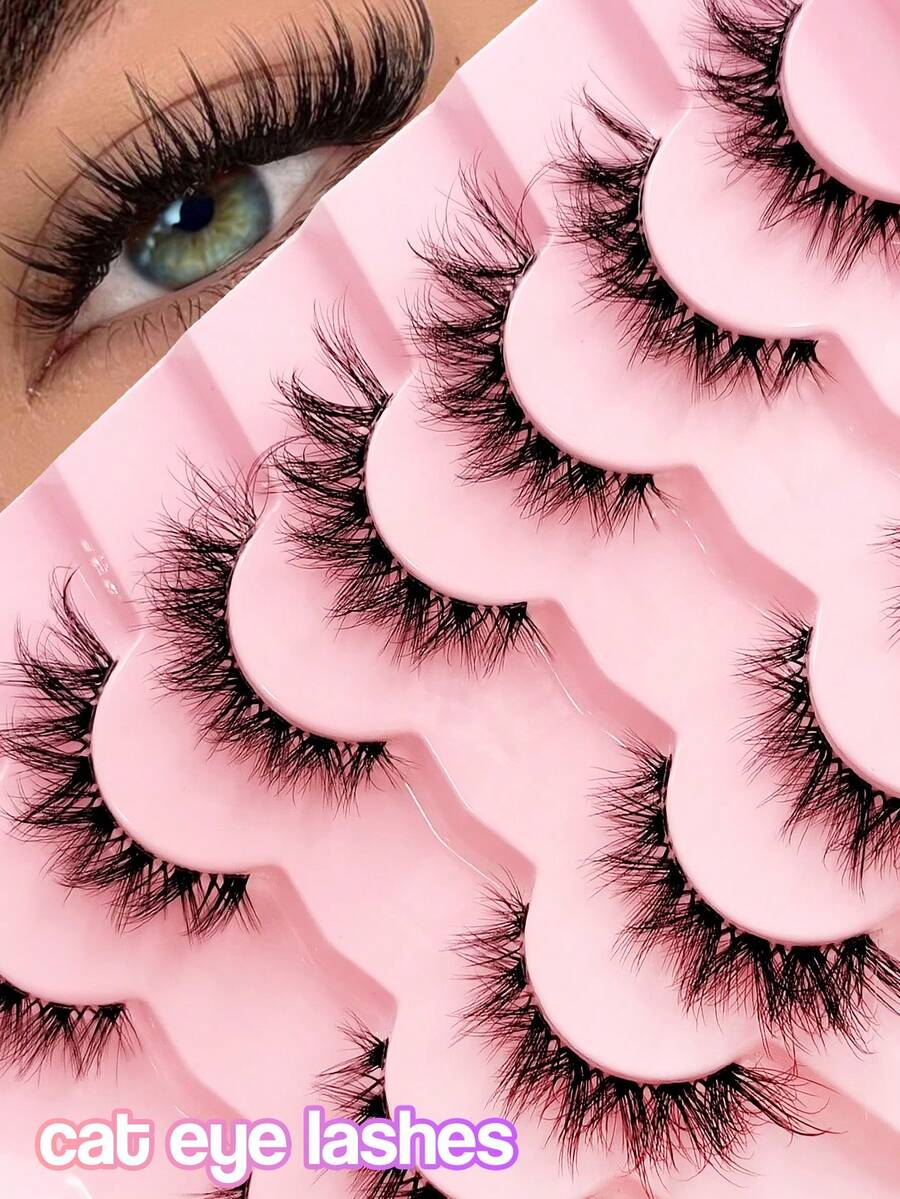 Sibeuna 7 Pairs Natural Style False Eyelashes, Cat Eye & Fox Eye Clear Band Fluffy Faux Mink Lashes, Suitable For Daily, Party And Travel Makeup, Beginner Friendly - Black - View 1