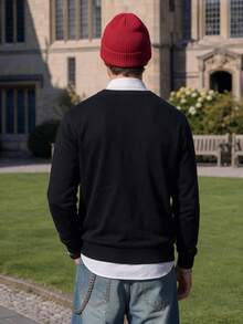 Men's V-Neck Button-Up Knit Cardigan T-Shirt, Casual Layering Long Sleeve Top - Black - View 2