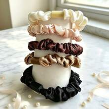 5 chiếc dây buộc tóc scrunchies nylon màu nâu cà phê trơn phong cách thường ngày, phù hợp cho mọi mùa - Cà phê nâu - Xem 2