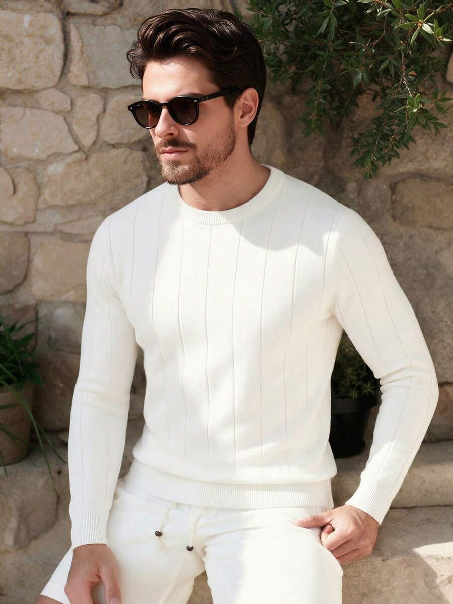 ALTZTAR Men's Casual Ribbed Knit Sweater, Round Neck, Minimalist Fashion Suitable For Daily Wear - White - View 1