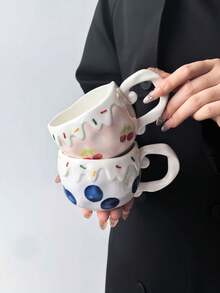 1pc Ins Cute Fruit Ceramic Mug, Exquisite Girl Style Cream Rim Fruit Print Coffee Cup, Highly Attractive Water Cup, Tea Cup, Latte Art Cup, Beautiful Cup, Perfect Gift For Friends - Multicolor - View 5