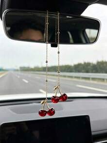 Car Cherry Decorative Hanging Ornament, Alloy Fruit Cherry Rearview Mirror Decoration, Premium Car Interior Decor - A - View 3