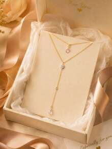 XYHEALER 1pc Women's Backless Necklace, Gold Rhinestone Floral Back Ornament Necklace With Water Drop Pendant, Bridal Lanyard Back Jewelry, Suitable For Wedding Backless Dress - Gold - View 7