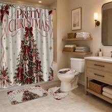 Set Dekorasi Kamar Mandi Natal Motif Pohon Natal Pita 1pc/4pcs Multifungsi, Tirai Kamar Mandi dengan 12 Kait Gratis, Keset Lantai Bentuk U dan Penutup Dudukan Toilet Bulat, Premium, Suasana Meriah, Cocok untuk Semua Dekorasi Ruangan - Pohon Natal dengan Pita - View 4