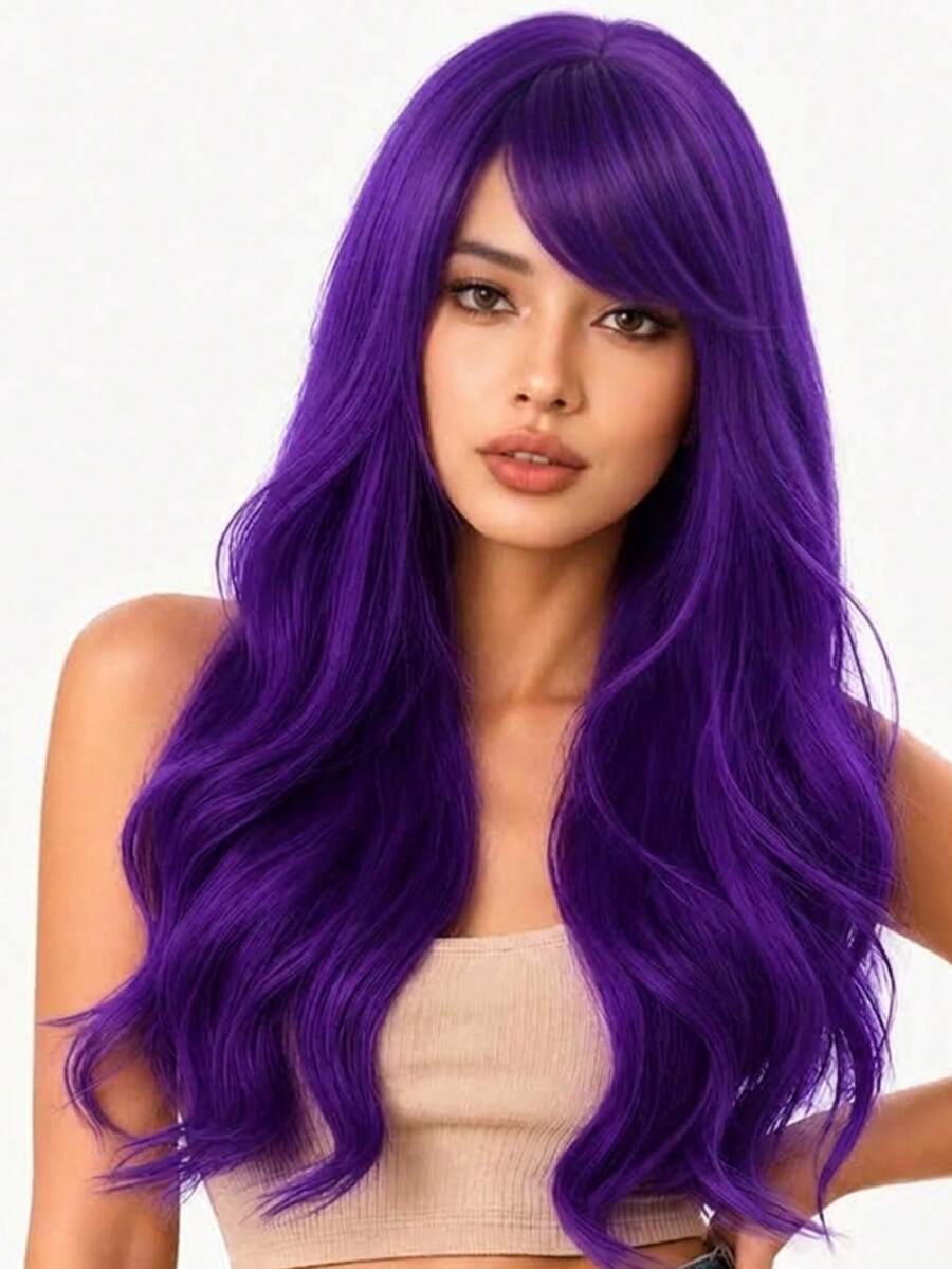 Peruca de Cabelo Encaracolado com Franja Ondulada de 28 Polegadas, Elegante e Fashion para Festa, Estilo Elegante, Natural e Versátil, Adequada para Uso Diário e Festa de Baile de Todas as Mulheres - Roxo escuro - Visão 1