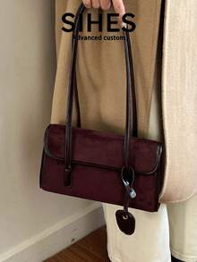 1pc Solid Color Suede New Women's Bag, Shoulder Bag, Fashion Square Handbag, Baguette Bag, Magnetic Closure, Dual Handles, Suitable For Commuting, Shopping, Dating, Shopping - Coffee - View 9