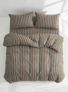 Veyra Day 3pcs Brown And Light Blue Striped Duvet Cover Set, Vintage Vertical Stripe Soft Cotton Breathable Bedding Set With 2 Shams (No Insert) - Blue coffee blue strip cotton - View 6