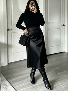 Solid Color Elegant Woven Fabric Zipper Skirt For Holiday Evening Date - Black - View 4