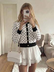 Women Fall Winter Casual Cardigan Sweater Long Sleeve Black With Polka Dot Tops Button Up Going Out Tops - Multicolor - View 7