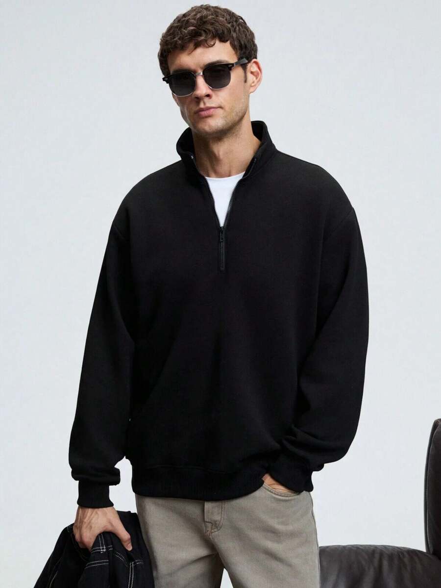 Men's Men's Stand-Up Collar Zippered Relaxed Sweatshirt - Black - View 1