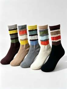 5 Pairs Men's Retro Colorblock Striped Mid-Calf Socks, Unique Patchwork Design, Multiple Colors Available, Versatile Everyday Wear, Easy To Create Stylish Outfits - Multicolor - View 1