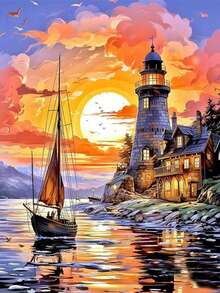 1pc DIY Diamond Painting Sticker Embroidery Landscape Ocean Wave Lighthouse Home Decor Full Drill 30*40cm/40x50cm - Sets - View 1