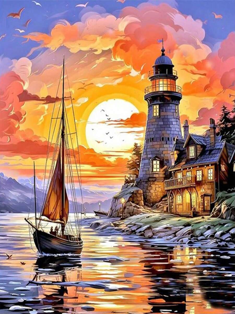 1pc DIY Diamond Painting Sticker Embroidery Landscape Ocean Wave Lighthouse Home Decor Full Drill 30*40cm/40x50cm - Sets - View 1