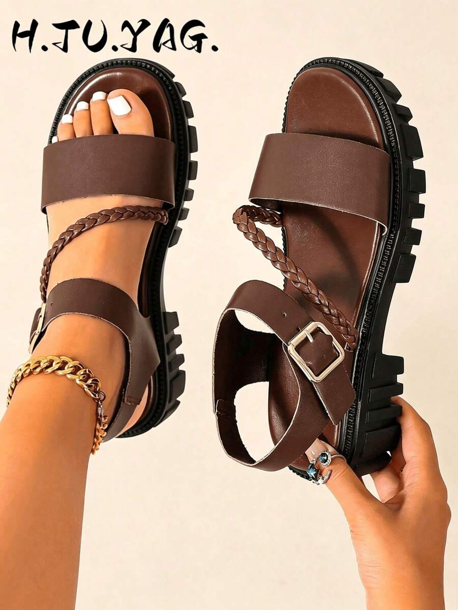 Women's Vacation Sandals, Buckle Decor Thick Sole Gladiator Sandals, Spring/Summer Outfit,Holiday Essential
