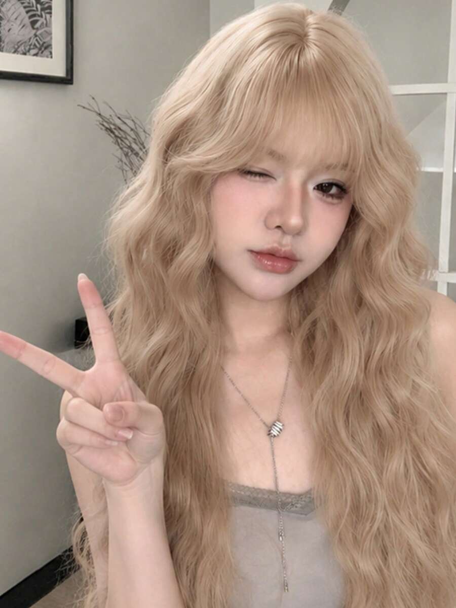 alicegarden 34-Inch Long Synthetic Wig Featuring A Natural Wavy Style In A A Stunning Linen-Gold. Designed With Bangs , This False Hairpiece Is Perfect For Ms Daily Party Cosplay Use, Offering A Natural And Natural Durable Wig Gift For Ladies. - Linen Gold - View 1