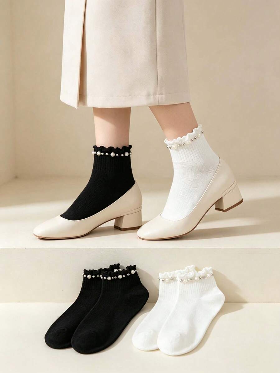 1/3 Pairs Women's Ruffle Cuff Short Socks, Faux Pearl & Rhinestone Decor, Solid Black & White Knit Socks, Sweet & Elegant Style, Soft & Breathable, Suitable For Autumn/Winter, Fashion Accessory, Can Be Paired With Mary Jane Shoes - Multicolor - View 1