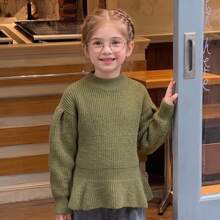 Sweater Rajut Lengan Panjang untuk Anak Perempuan Usia 8-12 Tahun, Kerah Tegak Kecil, Hem Berkerut, Model Pullover Kasual, Cocok untuk Sekolah dan Pakaian Sehari-hari, Musim Gugur/Dingin - Hijau - View 5