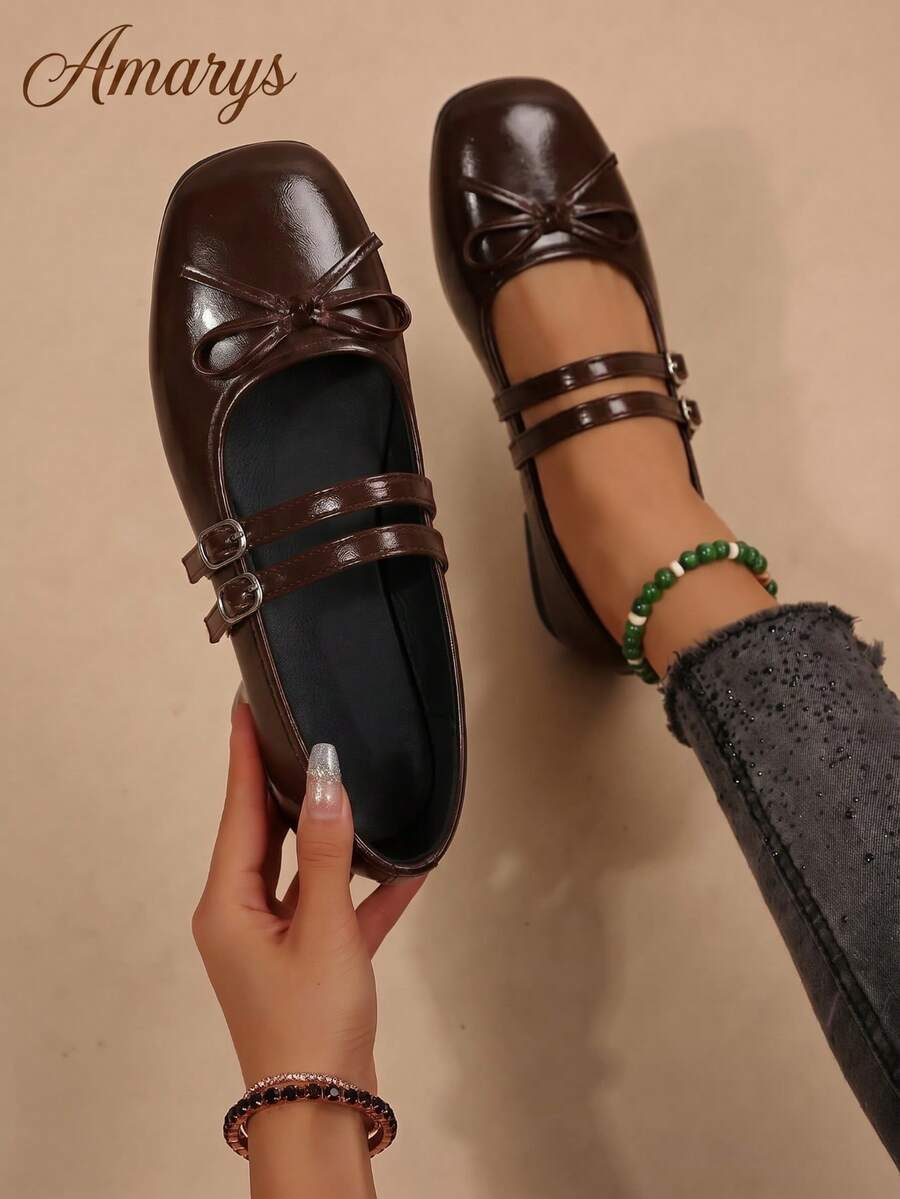 1 Pair Solid Color Elegant Buckle Bow Flat Ballet Shoes, Office Holiday All-Season Double Buckle Shallow Vamp - Brown - View 1