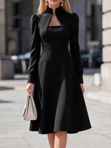 Ladies' Autumn Elegant Solid Color Bubble Sleeve Dress - Black - View 1