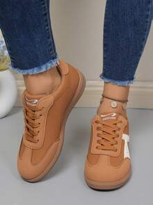 NOBLEARL Women Contrast Color Faux Leather Lace Up Sneakers, Round Toe Flat Casual Daily Walking Shoes - Brown - View 3