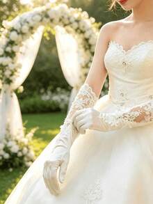 1雙女款長款蕾絲緞面婚禮手套，花卉圖案踝長婚禮手套，優雅白色開口袖口派對舞會手套配件 - 彩色 - 查看 3