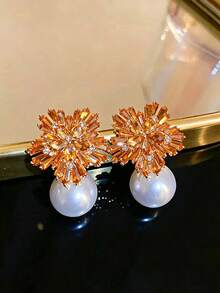 1對滿鑽雪花仿珍珠耳環，誇張高端法式風格新娘垂墜耳環，適合女性，秋季/冬季百搭 - 橘色 - 查看 4
