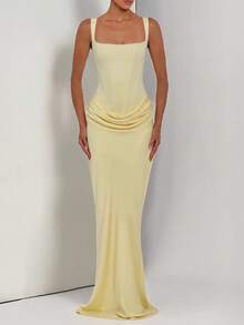 DOUCIU French Elegant Muse Style Draped Pleated Slim Fit Tank Dress For Party Birthday Events - Yellow - View 3