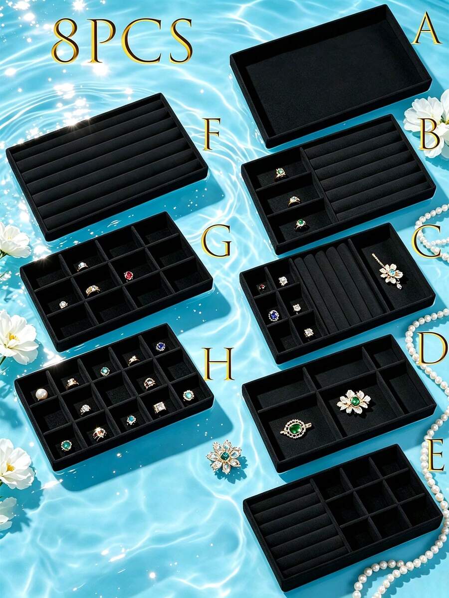 1-8pcs Velvet Jewelry Tray Set, Large Capacity, Independent Compartments, Stackable Jewelry Display Stand, Earrings, Necklaces, Bracelets, Rings, Hair Clips - Multicolor - View 1