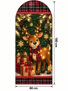 Arched Christmas Photo Backdrop 80*180cm, Vintage Wooden Plaid Design With Santa, Reindeer, Gingerbread Man And Pine Wreath, Holiday Party Background Decor For Wall And Room Decoration - A - View 2