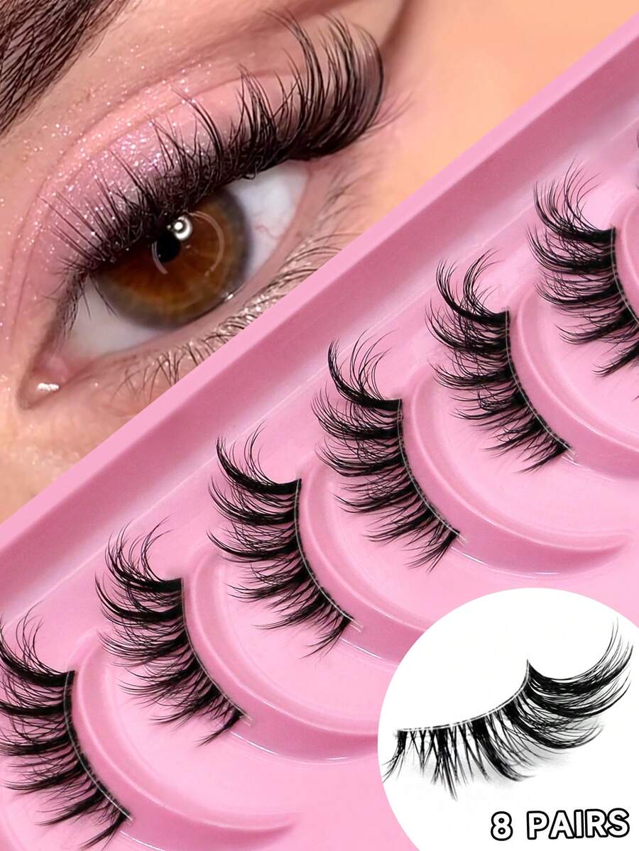 GROINNEYA 8 Pairs Cat Eye Half False Eyelashes, Fine Point Natural Lightweight Fluffy Cartoon Style, Transparent Stem 3D Layered Half Eyelashes, Tail Extended Design, Suitable For Daily Wear, Beginner Friendly