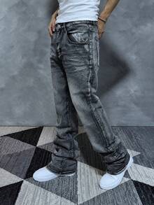 Black Gray Washed Micro Flare Denim Jeans, Street Style Layered Denim Pants, Stacked Layered Micro Flare Denim Jeans, All Season Wear Daily Commute Flare Denim Jeans - Grey - View 3