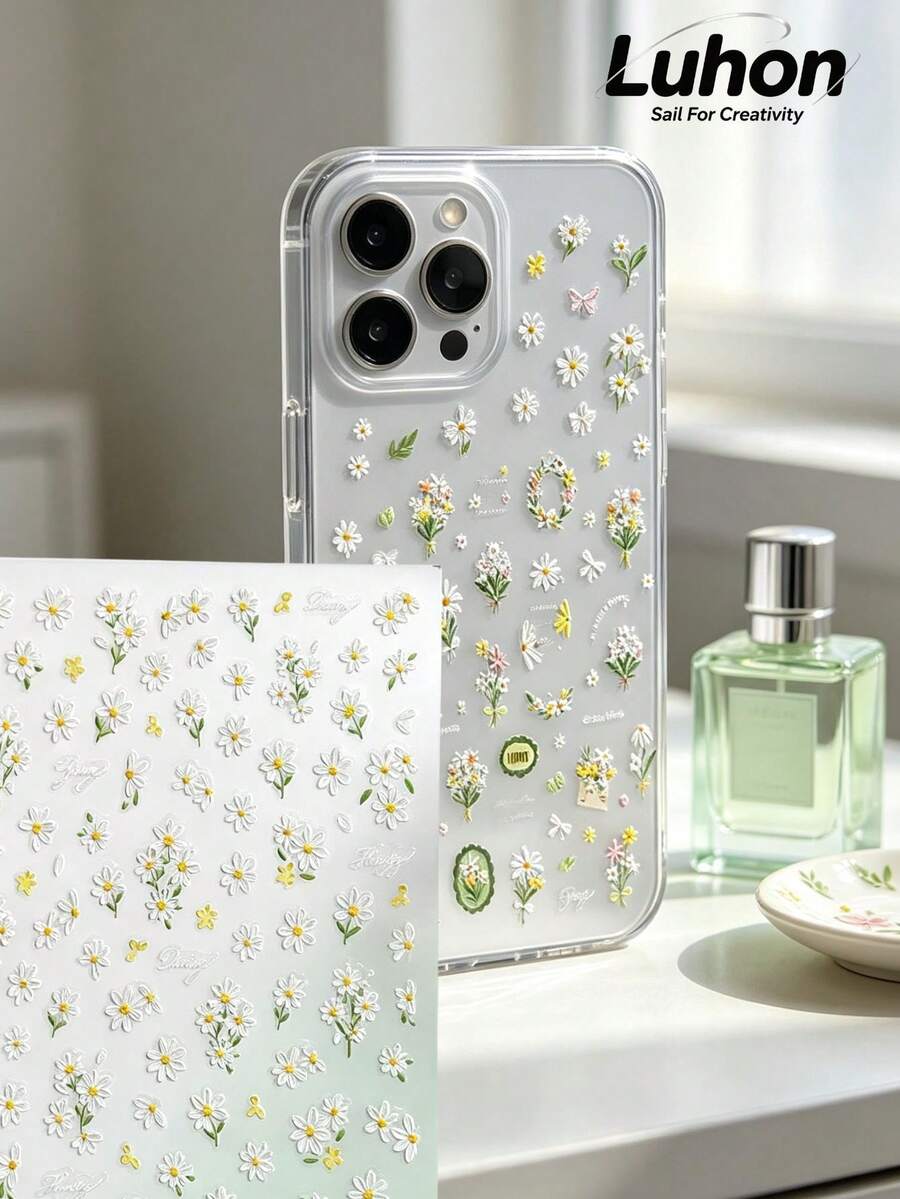 1 Set Daisy Floral Pattern Stickers, Spring Plant Decals, Suitable For Laptop, Planner, Sticker Book, Phone Case, Water Bottle, Camera, Tablet, Earphone Case, Notebook, Photo Frame, Mirror Decoration - Spring Daisy - View 1