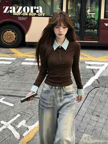 Korean Style Polo Collar Long Sleeve T-Shirt Women Inner Layer Slim Fit Flattering Unique Beautiful Base Layer Top Autumn Clothing - Brown - View 3