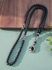 1pc Matte Frosted Black Round Beads Muslim Prayer Beads With Shiny Silver Water Drop Evil Eye Pendant Tasbih, Dual Sizes Available 33/99 Beads For Prayer And Chanting - Multicolor - View 3