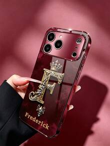 1件客製化姓名時尚手機殼，印花復古宮廷皇冠寶石雕刻大寫字母圖案，酒紅色電鍍高清玻璃殼，適用於 Apple Duo/18ProMax/17ProMax/16Pro/15/14Plus/13Pro/12ProMax/11/XsMax & S26Ultra/25Plus/24/23/22 & A36/A35/A33/A31/A26/A15/A13/Note20/10Pro 及其他系列機型 - 酒紅色 - 查看 4