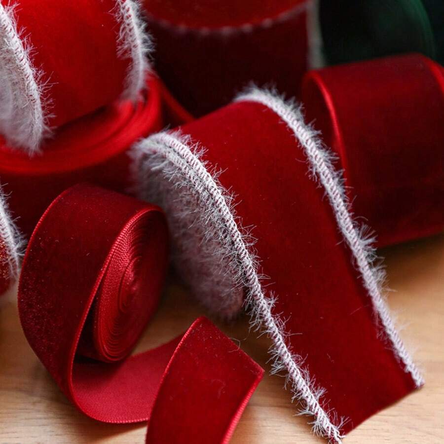 1pc New Christmas Ribbon With White Edging, Handmade Bow Gift Wrapping Tape, Decorative Atmosphere Supplies - Multicolor - View 1
