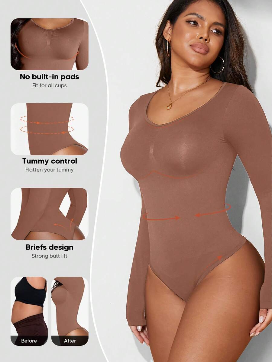 Women's Ribbed Long Sleeve Tummy Control Bodysuit Top Summer - Khaki - View 1