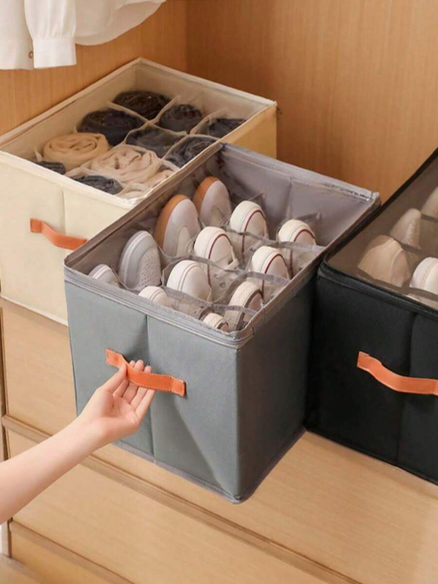 Minimalist Rectangular Shoe Box With Divider, Dual Zippers And Side Handles, Space-Optimized, Provides Categorized Storage, Foldable, Suitable For Wardrobe, Bedroom, Dormitory And Other Home Storage Needs, All Seasons