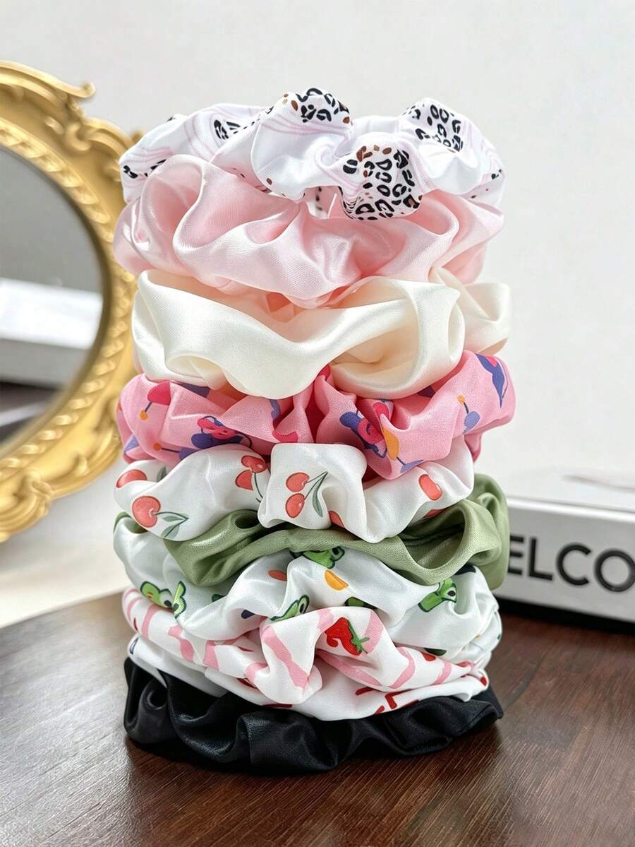 10pcs Fruit Print Satin High Elasticity Ruched Hair Scrunchies, Soft Daily Versatile Ponytail Hair Accessories Headwear - Multicolor - View 1