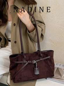 Casual Rectangular Fabric Underarm Bag, Adjustable PU Strap With Metal Buckle Design Spacious Ladies Shoulder Purse For Shopping - Coffee - View 9