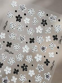 2sheet 3D Polka Dot Flower Nail Stickers, Self-Adhesive Black White Floral Nail Decals, Retro Dot Petal & Small Beads Design, Hot DIY Nail Decor For Spring Summer Party Date For False & Natural Nails - Multicolor - View 2