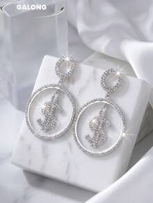 Full Rhinestone Dollar Sign Earrings For Women, Silver Double Hoop Pendant, Y2K Hip-Hop Street Style Party Exaggerated Large Earrings - Silver - View 2