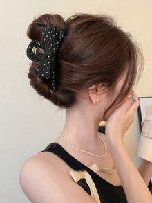 1pc French Polka Dot Bow Large Hair Claw Clip For Women, Fashionable Versatile Hair Claw For Commute - Multicolor - View 2