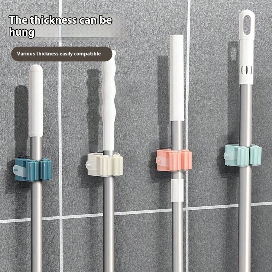 4pcs Bathroom Wall-Mounted Mop Holder, Self-Adhesive No-Drill Roller Clip, Cleaning Tool Broom Mop Storage Hook