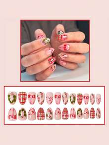 24pcs Christmas Holiday Wearable Nails, White Snowflake Pattern Full Coverage Fake Nails, Christmas Theme Manicure, Suitable For Women And Girls - Multicolor - View 3