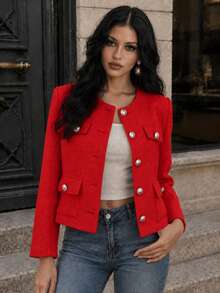 TRAFZA Women's Elegant Casual Tweed Jacket, Spring Round Neck Decorative Long Sleeve Solid Color Coat - Red - View 7